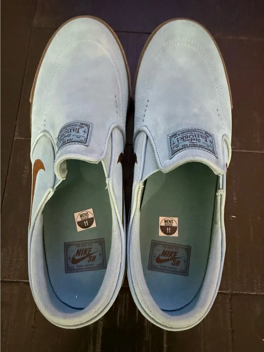 Nike Stefan Janoski Slip-On Suede Shoes - Light Blue with Brown Swoosh